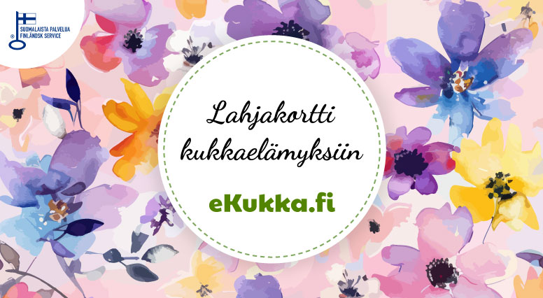 Lahjakortti jossa taustalla vesiväreillä maalattuja kukkia ja keskellä teksti Lahjakortti kukkaelämyksiin - eKukka.fi